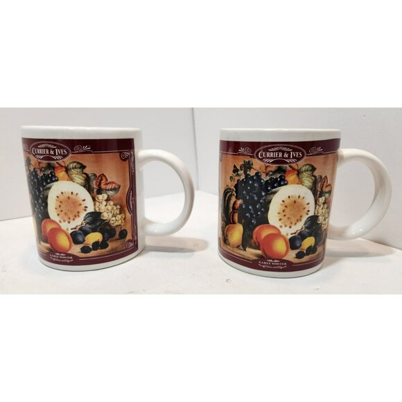 Vtg Houston Harvest Currier & Ives "Early Winter" Ceramic Mugs Set of 2 - Picture 1 of 16